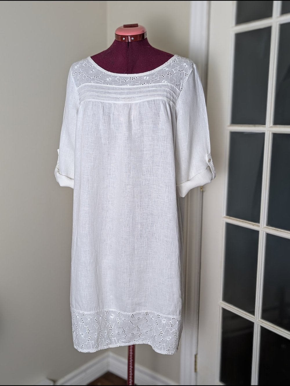 White Lace Yoke Mini Linen Dress - Women's Casual Tunic
